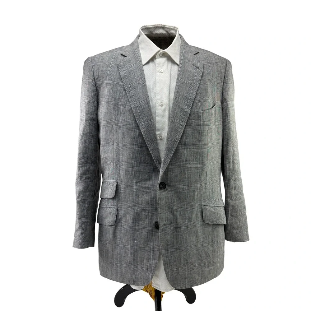 Turnbull & Asser Mens 44R Sport Coat Gray Blue Linen Wool Silk Plaid‎ Made Italy
